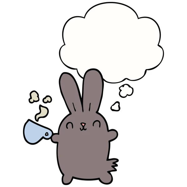 Kahve fincanı ve düşünce balonu ile sevimli karikatür tavşan — Stok Vektör