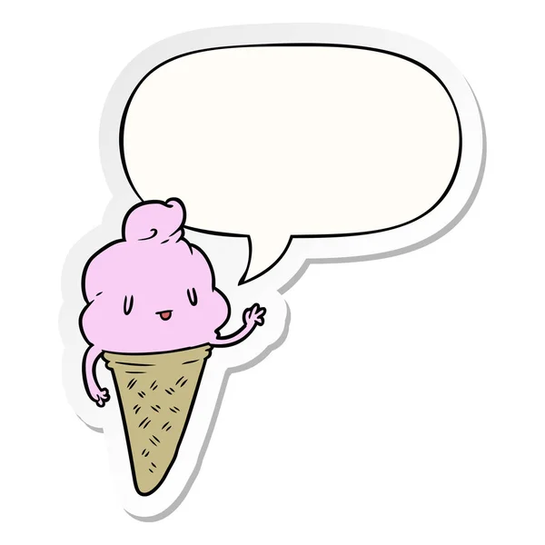 Lindo helado de dibujos animados y pegatina de la burbuja del habla — Vector de stock