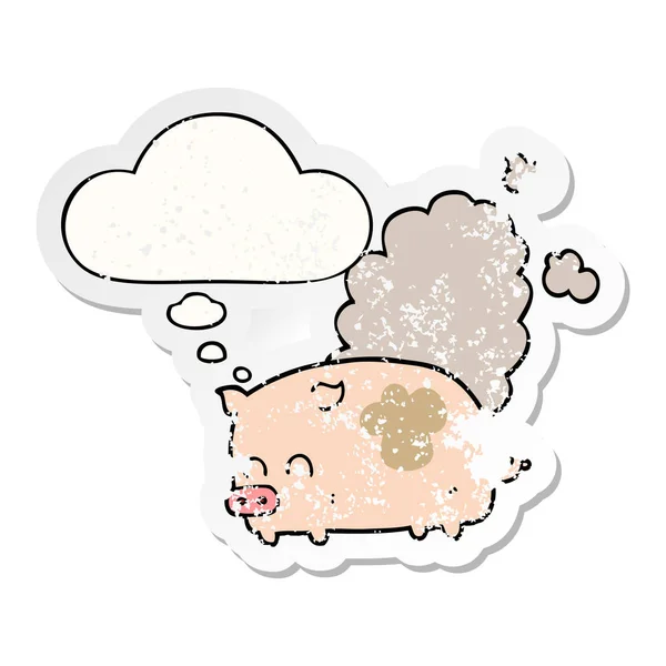 Cartoon porco fedorento e bolha pensamento como um pau gasto angustiado — Vetor de Stock