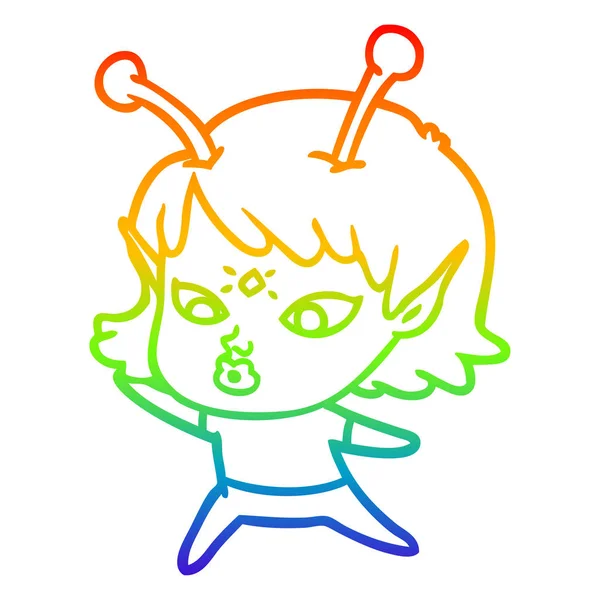 Regenbogen-Gradienten-Linie Zeichnung hübsch cartoon alien girl — Stockvektor