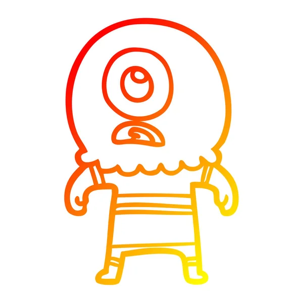 Línea de gradiente caliente dibujo dibujos animados cyclops alien spaceman — Vector de stock