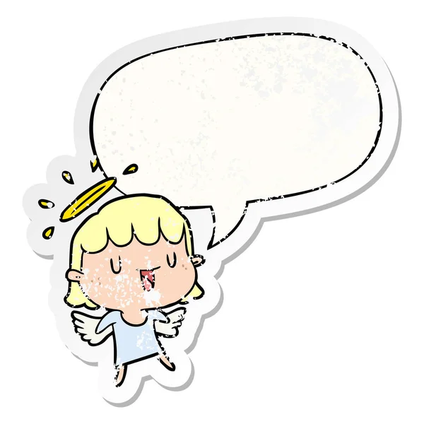 Cute cartoon angel and speech bubble distressed sticker — Stock Vector