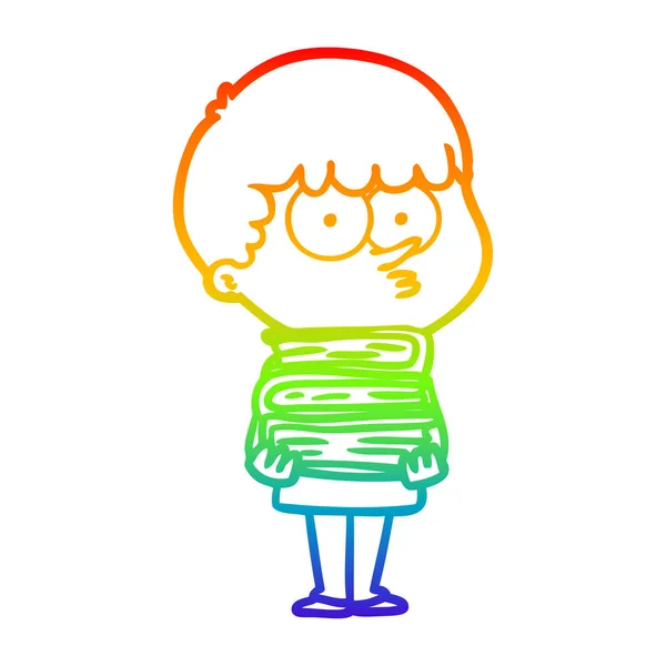 Regenbogen-Gradienten-Linie Zeichnung Cartoon neugierigen Jungen mit vielen b — Stockvektor