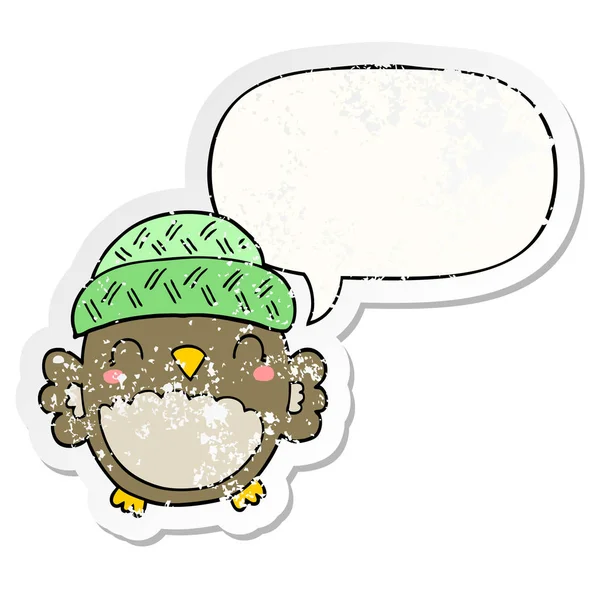 Leuke cartoon uil in hoed en toespraak bubble noodlijdende sticker — Stockvector