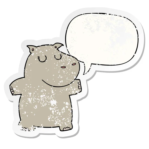 Cartoon hippo and speech bubble distressed sticker — Stock Vector