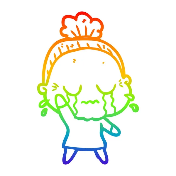 Regenboog gradiënt lijntekening cartoon huilen oude dame — Stockvector