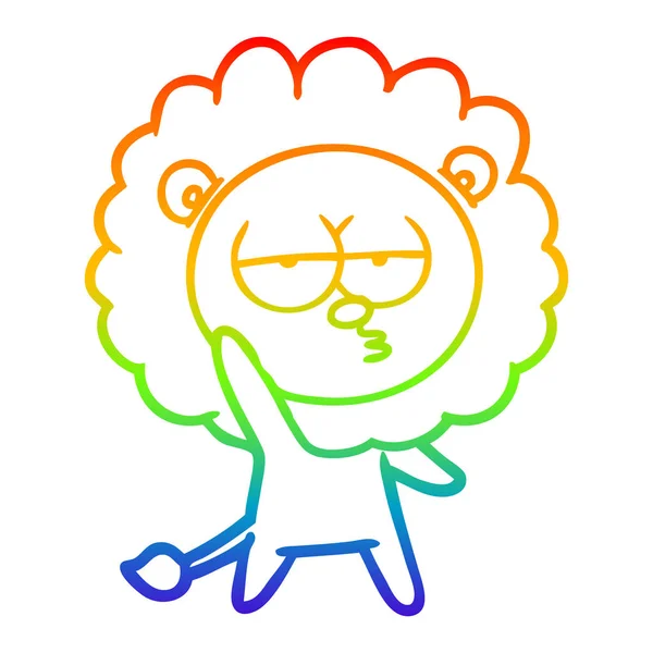 Rainbow gradient line drawing cartoon bored lion waving — Stock Vector