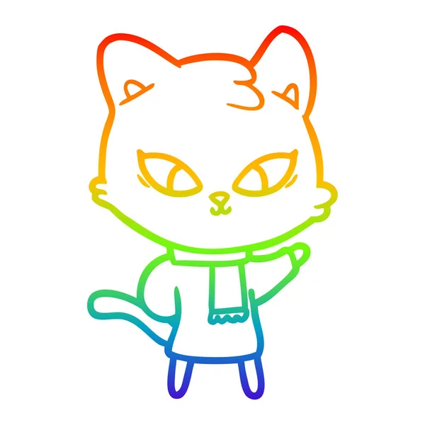 Rainbow gradient line drawing cute cartoon cat — Stock Vector