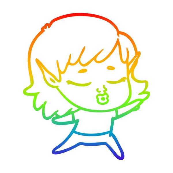 かわいい漫画エルフの女の子を描く虹のグラデーションライン — ストックベクタ