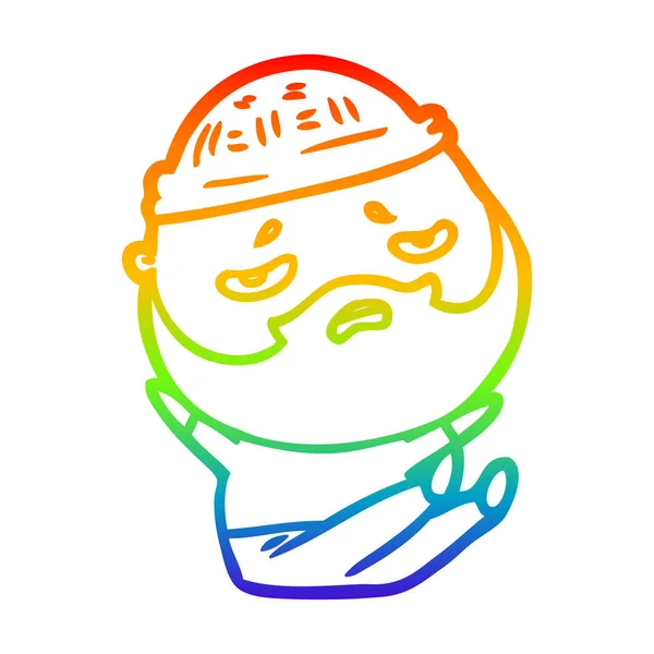 Regenboog gradiënt lijntekening cartoon bezorgde man met baard — Stockvector