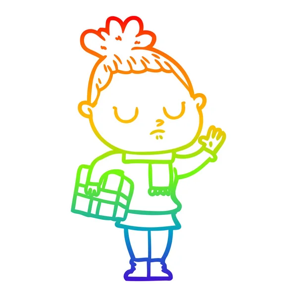 虹のグラデーションライン描画漫画穏やかな女性 — ストックベクタ