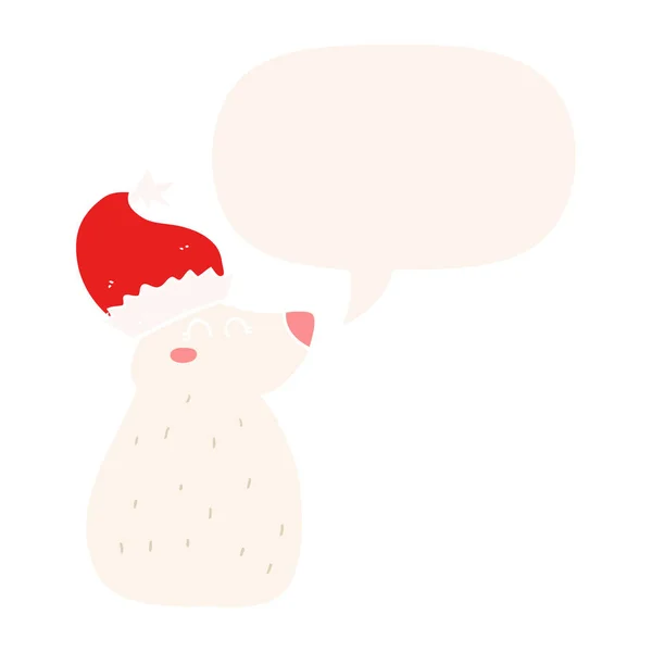 Urso dos desenhos animados usando chapéu de Natal e bolha de fala em retro st — Vetor de Stock