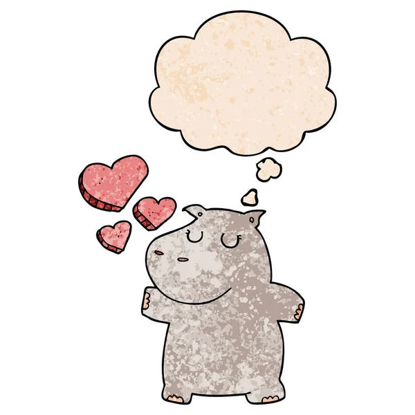 Cartoon Hippo in liefde en dacht bubble in grunge textuur Patte — Stockvector