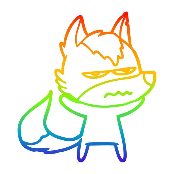 Rainbow gradient linje ritning Cartoon irriterade Wolf — Stock vektor