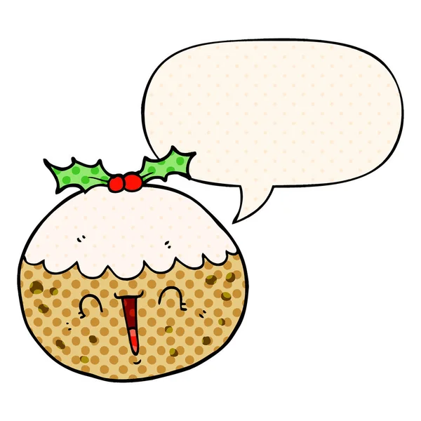 Cute cartoon christmas pudding and speech bubble in comic book s — Stock Vector