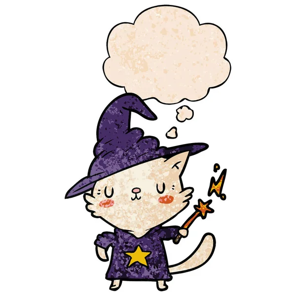 Karikatür kedi sihirbazı ve grunge doku desen düşünce balonu — Stok Vektör