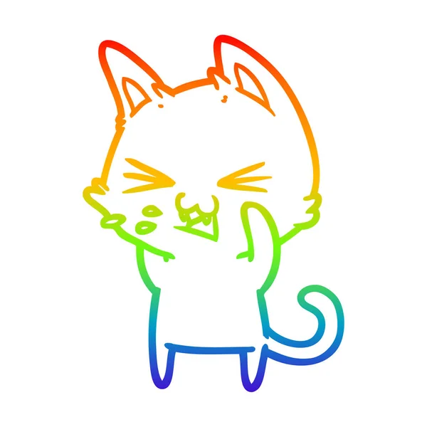 Rainbow gradient ligne dessin dessin animé chat sifflement — Image vectorielle