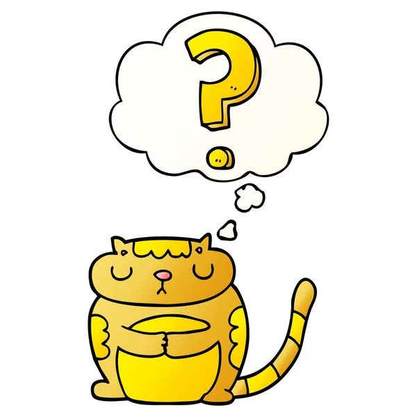 Cartoon cat with question mark and thought bubble in smooth grad — Stock Vector