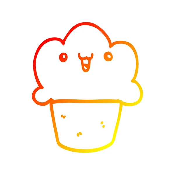 Warme kleurovergang lijntekening cartoon cupcake met gezicht — Stockvector