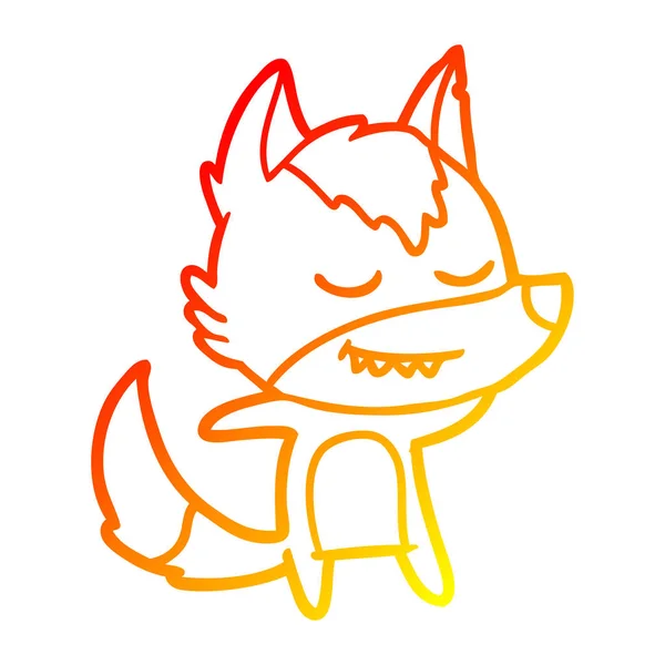 Línea de gradiente caliente dibujo amistoso lobo de dibujos animados — Vector de stock