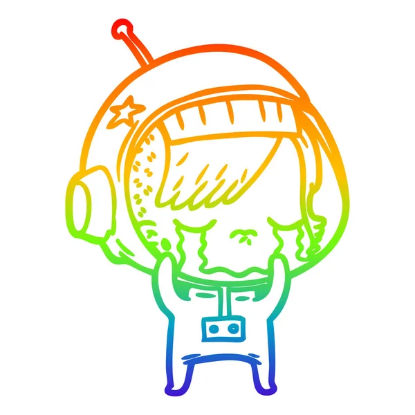 Regenbogen-Gradienten-Linie Zeichnung Karikatur weinendes Astronauten-Mädchen — Stockvektor