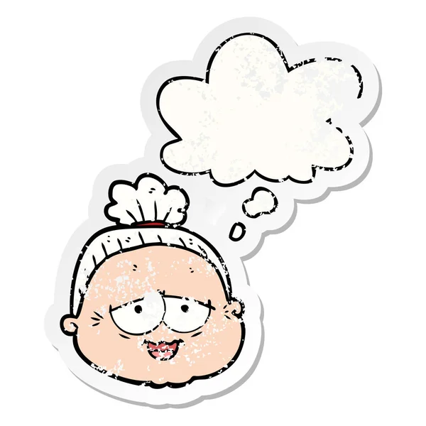 Cartoon oude dame en dacht Bubble als een verdrietig versleten sticker — Stockvector