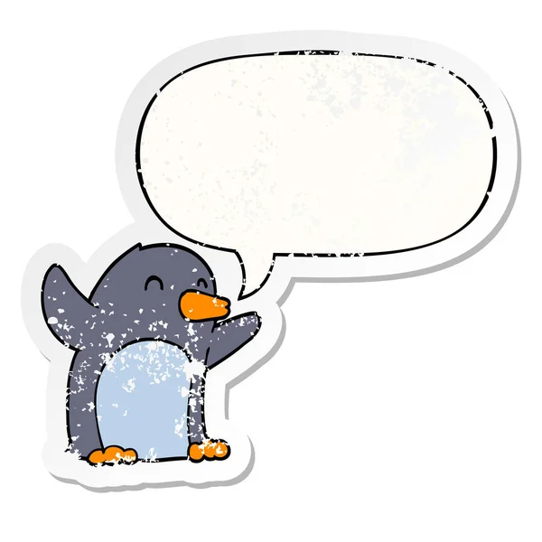 Cartoon excited penguin and speech bubble distressed sticker — Stock Vector