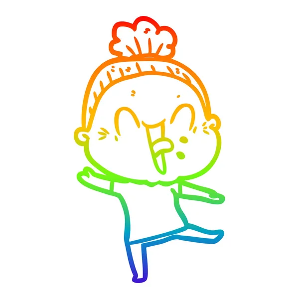 Regenboog gradiënt lijntekening cartoon gelukkig oude vrouw — Stockvector