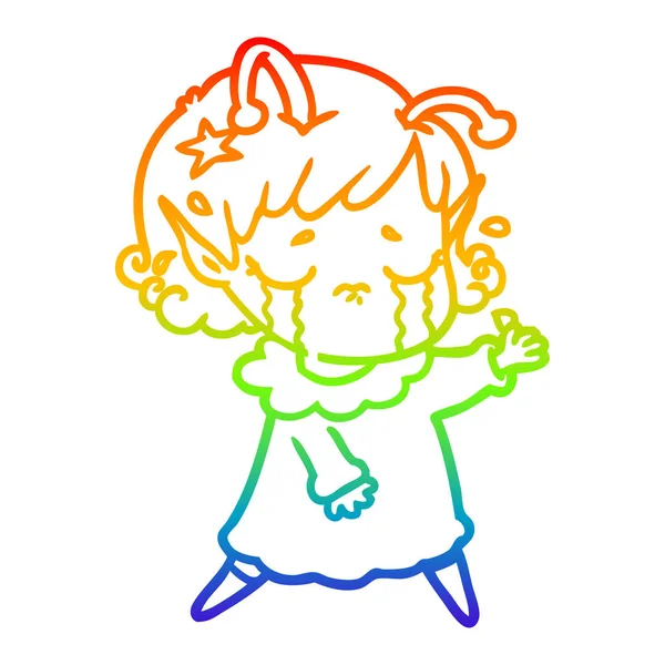 Rainbow gradient linje ritning tecknad Crying Alien Girl — Stock vektor