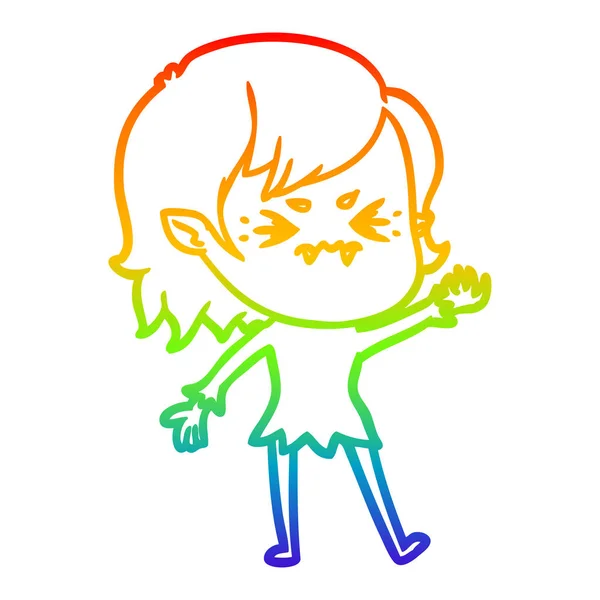 Arco-íris linha gradiente desenho irritado cartoon vampiro menina — Vetor de Stock