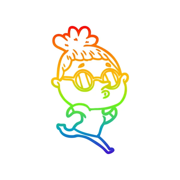 Rainbow Gradient Line Zeichnung Cartoon Frau mit Brille — Stockvektor