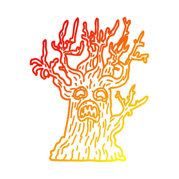 Línea de gradiente caliente dibujo dibujos animados árbol espeluznante — Archivo Imágenes Vectoriales
