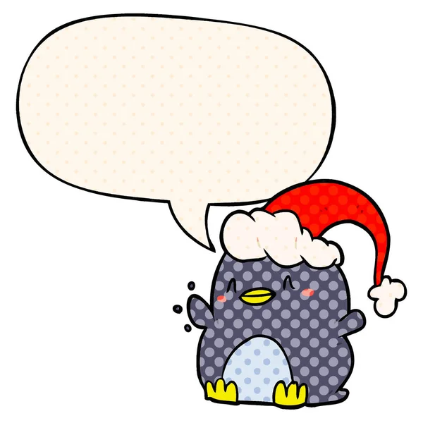 Pingüino de dibujos animados con sombrero de Navidad y burbuja del habla en el cómic — Vector de stock