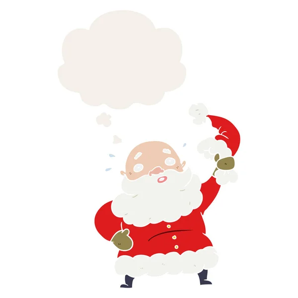 Cartoon Santa Claus zwaaiende hoed en dacht bubble in retro stijl — Stockvector