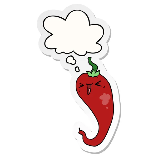 Tecknad Hot Chili peppar och tankebubbla som en tryckt klistermärke — Stock vektor