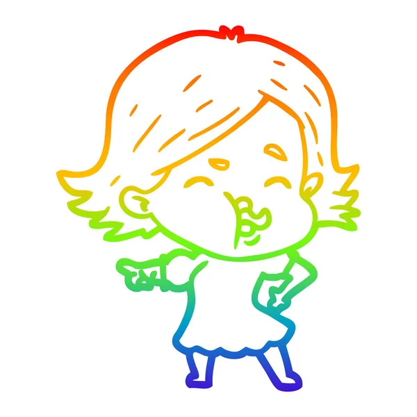 Rainbow gradient line drawing cartoon girl pulling face — Stock Vector