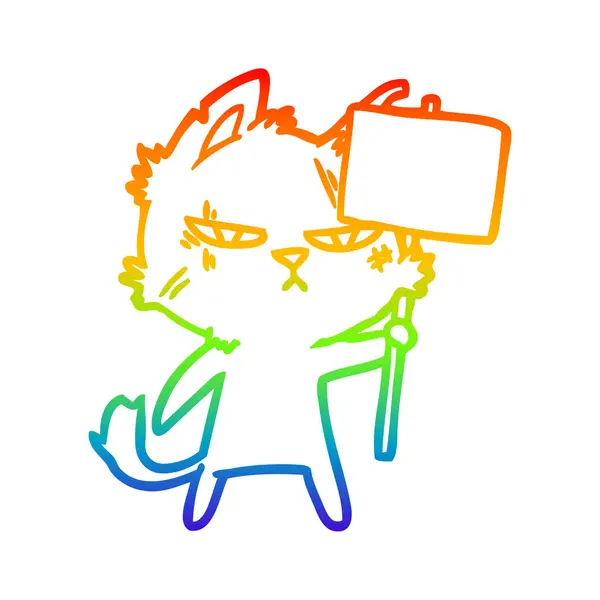 彩虹渐变线绘制强硬的卡通猫与抗议sig — 图库矢量图片