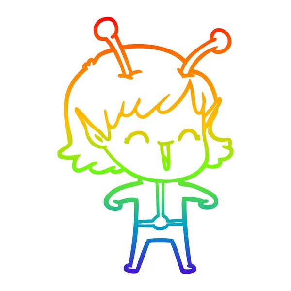 Regenboog gradiënt lijntekening cartoon Alien meisje lachen — Stockvector