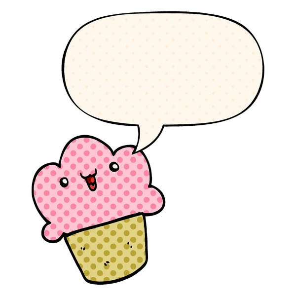 Cupcake de dibujos animados y burbuja de la cara y el habla en el estilo de cómic — Vector de stock