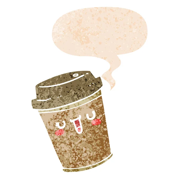 Dessin animé sortir café et bulle d'expression en styl texturé rétro — Image vectorielle