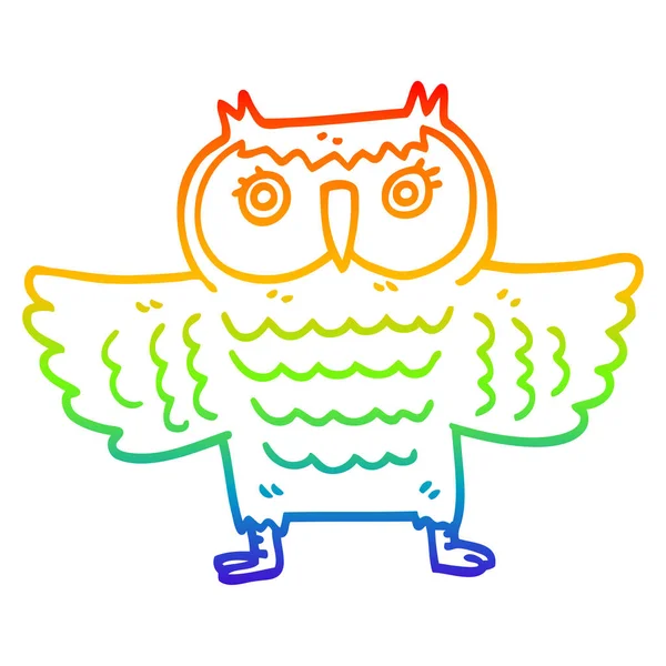 Rainbow gradient line drawing cartoon owl with flapping wings — Stock Vector