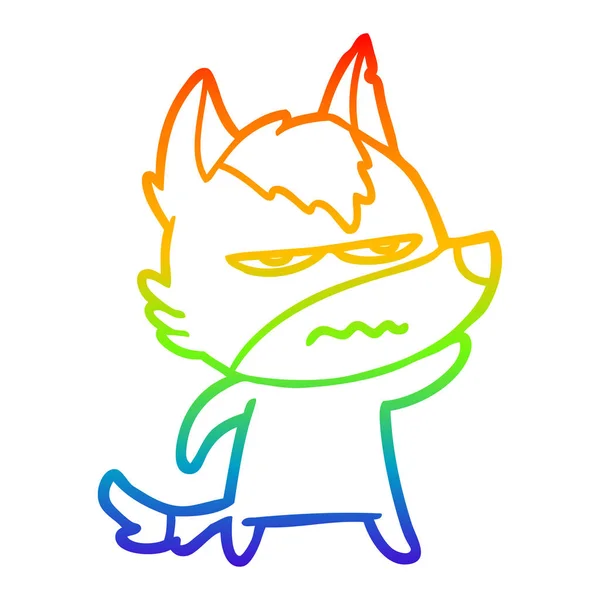 Rainbow gradient ligne dessin dessin animé ennuyé loup — Image vectorielle