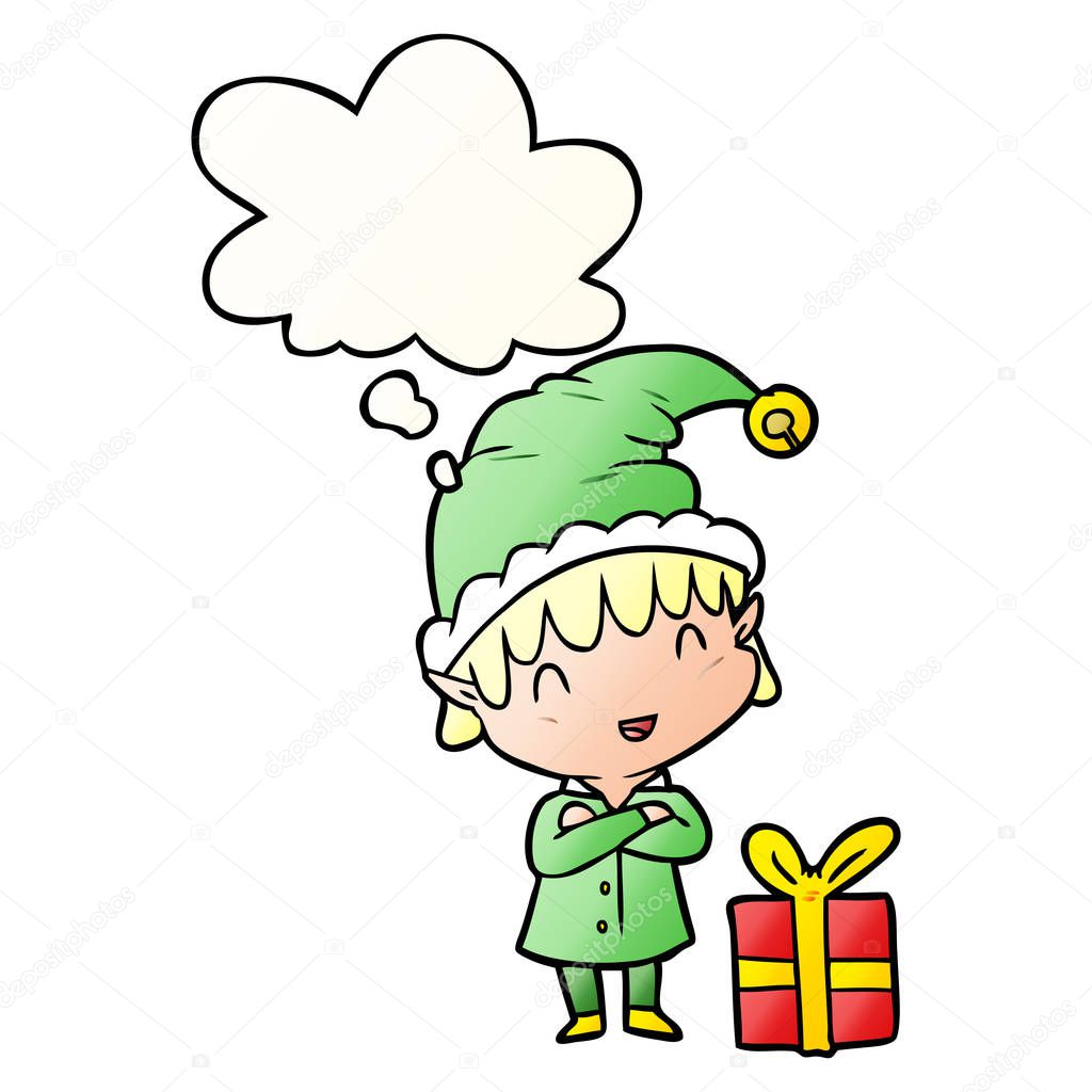 cartoon happy christmas elf and thought bubble in smooth gradien