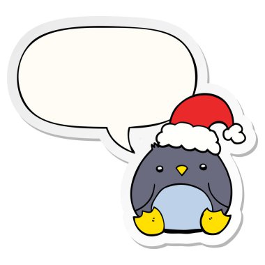 sevimli karikatür penguen noel şapka ve konuşma kabarcık sti giyen
