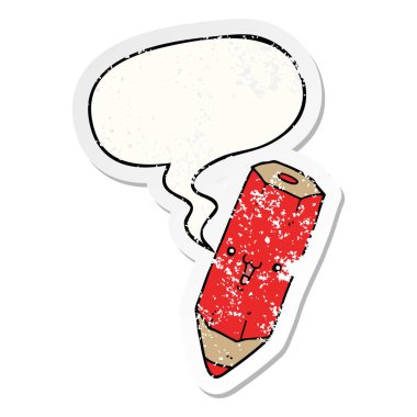 mutlu karikatür kalem ve konuşma balonu sıkıntılı etiket