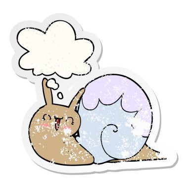 sevimli karikatür salyangoz ve sıkıntılı bir yıpranmış sopa olarak kabarcık düşünce