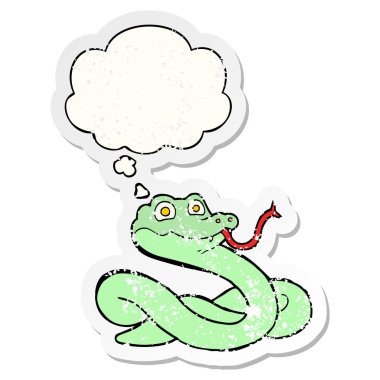 karikatür yılan ve sıkıntılı yıpranmış etiket olarak kabarcık düşünce