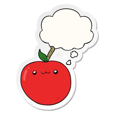 karikatür sevimli elma ve baskılı bir etiket olarak kabarcık düşünce