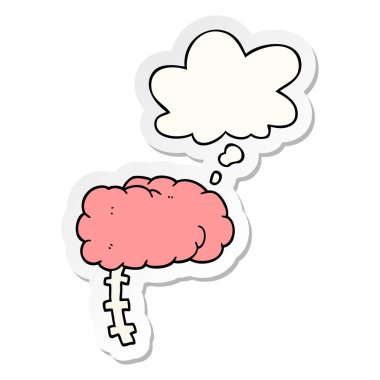 karikatür beyin ve baskılı bir etiket olarak kabarcık düşünce