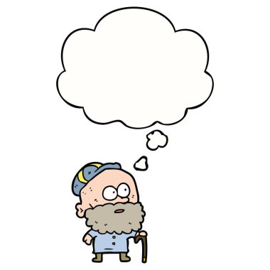 baston ve düşünce balonu ile karikatür yaşlı adam